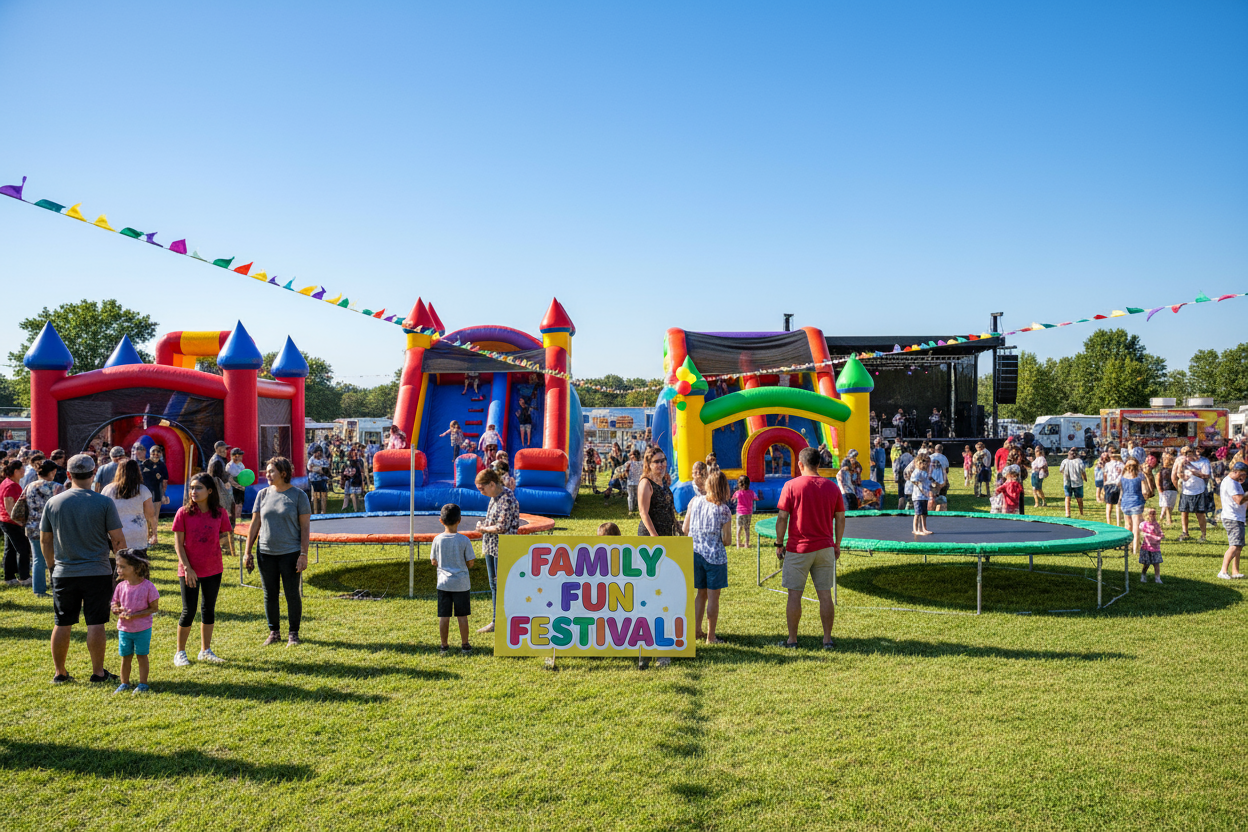 Un evento lleno de personas, familias, etc. Inflables grandes .Imagen formato Banner, 